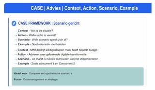 CASE FRAMEWORK | Scenario gericht
→ Context - Wat is de situatie?
→ Action - Welke actie is vereist?
→ Scenario - Welk scenario speelt zich af?
→ Example - Geef relevante voorbeelden
Ideaal voor: Complexe en hypothetische scenario's
Focus: Crisismanagement en strategie
CASE | Advies | Context, Action, Scenario, Example
→ Context - MKB-bedrijf wil digitaliseren maar heeft beperkt budget
→ Action - Adviseer over gefaseerde digitale transformatie
→ Scenario - De markt is nieuwe technieken aan het implementeren
→ Example - Zoals concurrent 1 en Concurrent 2
 