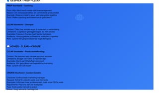 🗣 GESPREK - PREP + CLEAR
PREP Voorbeeld - Coaching:
Point: Mijn cliënt heeft moeite met timemanagement
Reason: Dit veroorzaakt stress en verminderde productiviteit
Example: Gisteren miste hij weer een belangrijke deadline
Point: Welke coaching technieken kan ik gebruiken?
CLEAR Voorbeeld - Therapie:
Context: Cliënt met sociale angst, 6 maanden in behandeling
Limitations: Cognitieve gedragstherapie, 50 min sessies
Examples: Exposure therapy heeft eerder geholpen
Audience: Hoogopgeleide professional, analytisch ingesteld
Role: Jij bent een gespecialiseerde angst-therapeut
💬 ADVIES - CLEAR + CREATE
CLEAR Voorbeeld - Productontwikkeling:
Context: We lanceren een nieuwe app voor senioren
Limitations: Budget van €50k, 6 maanden tijd
Examples: Denk aan WhatsApp's eenvoud
Audience: 65+ gebruikers met beperkte tech-ervaring
Role: Jij bent een UX-expert
CREATE Voorbeeld - Content Creatie:
Character: Enthousiaste marketing manager
Request: Schrijf 5 LinkedIn posts over AI-trends
Examples: Informeel maar professioneel, zoals onze CEO's posts
Adjustments: Pas tone aan per doelgroep
Type: Korte posts met call-to-action
Extras: Voeg relevante hashtags toe
 