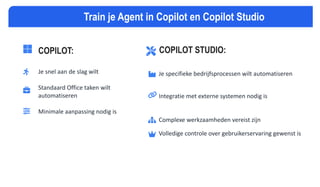 COPILOT:
Je snel aan de slag wilt
Standaard Office taken wilt
automatiseren
Minimale aanpassing nodig is
COPILOT STUDIO:
Je specifieke bedrijfsprocessen wilt automatiseren
Integratie met externe systemen nodig is
Complexe werkzaamheden vereist zijn
Volledige controle over gebruikerservaring gewenst is
Train je Agent in Copilot en Copilot Studio
 