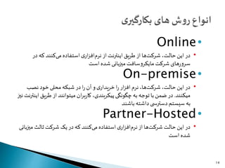 •Online
•‫در‬‫از‬ ‫اینترنت‬ ‫طریق‬‫از‬ ‫ها‬‫شرکت‬ ،‫حالت‬ ‫این‬‫ی‬‫ار‬‫ز‬‫اف‬‫نرم‬‫در‬ ‫که‬ ‫کنند‬‫می‬‫استفاده‬
‫است‬‫شده‬ ‫میزبانی‬ ‫سافت‬‫و‬‫مایکر‬ ‫شرکت‬ ‫های‬‫ر‬‫و‬‫سر‬
•On-premise
•‫نصب‬ ‫خود‬‫محلی‬ ‫شبکه‬ ‫در‬ ‫ا‬‫ر‬ ‫آن‬ ‫و‬‫ی‬‫خریدار‬‫ا‬‫ر‬‫ار‬‫ز‬‫اف‬ ‫نرم‬،‫ها‬‫شرکت‬ ،‫حالت‬‫این‬‫در‬
‫میکنند‬.‫طری‬‫از‬ ‫میتوانند‬ ‫ان‬‫ر‬‫ب‬‫ر‬‫کا‬ ،‫پیکربندی‬ ‫چگونگی‬ ‫به‬ ‫توجه‬ ‫با‬‫ضمن‬ ‫در‬‫نیز‬ ‫اینترنت‬ ‫ق‬
‫باشند‬ ‫داشته‬‫ی‬ ‫دسترس‬‫سیستم‬ ‫به‬
•Partner-Hosted
•‫می‬ ‫ثالث‬‫شرکت‬ ‫یک‬‫در‬ ‫که‬ ‫کنند‬‫می‬‫استفاده‬‫ی‬‫ار‬‫ز‬‫اف‬‫نرم‬‫از‬ ‫ها‬‫شرکت‬ ‫حالت‬‫این‬‫در‬‫زبانی‬
‫است‬ ‫شده‬
14
 