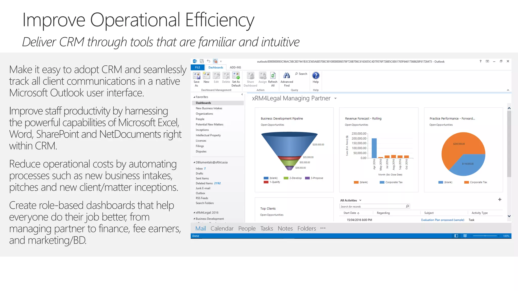 Make it easy to adopt CRM and seamlessly
track all client communications in a native
Microsoft Outlook user interface.
Improve staff productivity by harnessing
the powerful capabilities of Microsoft Excel,
Word, SharePoint and NetDocuments right
within CRM.
Reduce operational costs by automating
processes such as new business intakes,
pitches and new client/matter inceptions.
Create role-based dashboards that help
everyone do their job better, from
managing partner to finance, fee earners,
and marketing/BD.
 