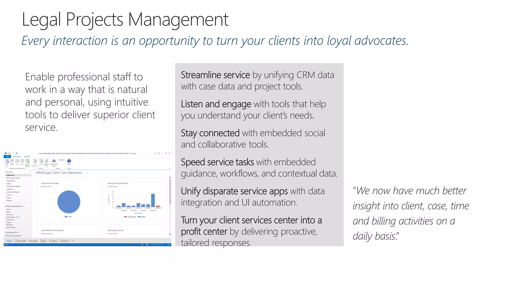 Enable professional staff to
work in a way that is natural
and personal, using intuitive
tools to deliver superior client
service.
Streamline service by unifying CRM data
with case data and project tools.
Listen and engage with tools that help
you understand your client’s needs.
Stay connected with embedded social
and collaborative tools.
Speed service tasks with embedded
guidance, workflows, and contextual data.
Unify disparate service apps with data
integration and UI automation.
Turn your client services center into a
profit center by delivering proactive,
tailored responses.
Every interaction is an opportunity to turn your clients into loyal advocates.
“We now have much better
insight into client, case, time
and billing activities on a
daily basis.”
 