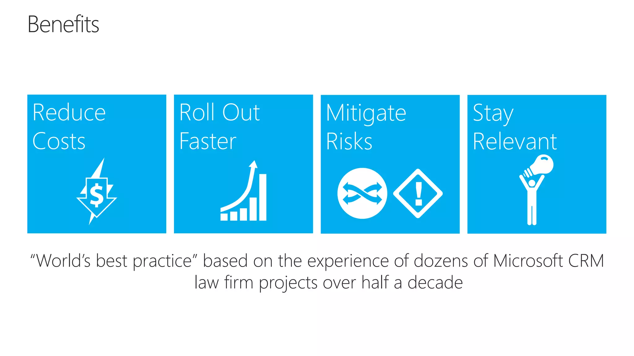 Benefits
“World’s best practice” based on the experience of dozens of Microsoft CRM
law firm projects over half a decade
 