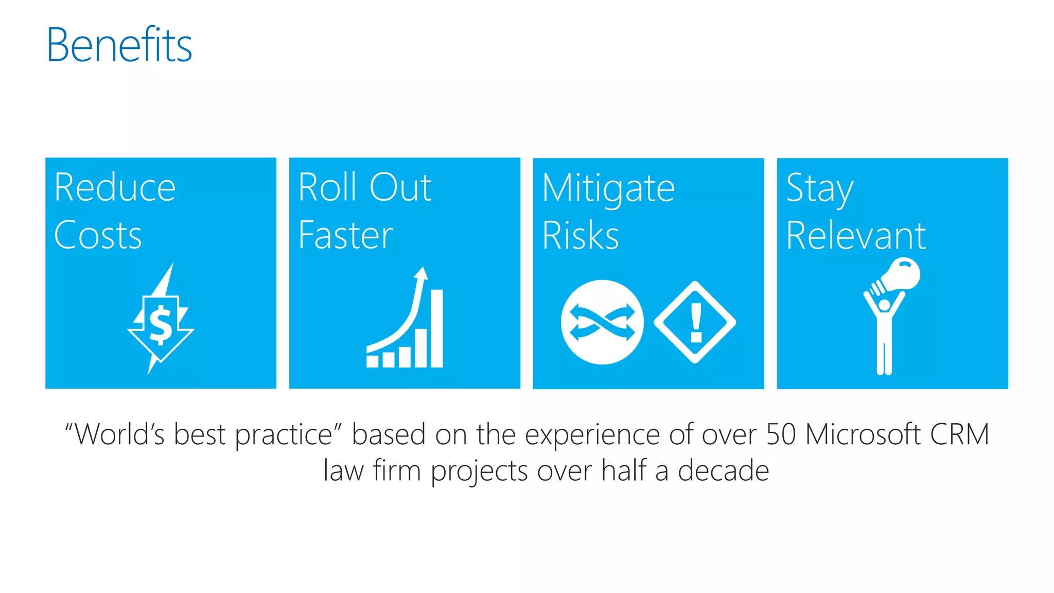 Benefits
“World’s best practice” based on the experience of over 50 Microsoft CRM
law firm projects over half a decade
 
