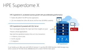 It can handle up to 384-cores and 24TB of memory! It use the HPE 3PAR StoreServ 8450 storage array
which consists of 192 SSD drives (480GB/drive) for a total of 92TB of disk space.
 