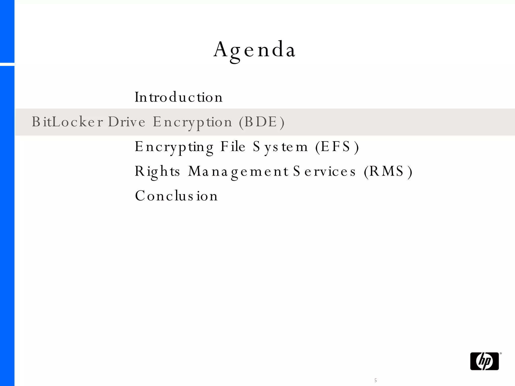 Agenda Introduction BitLocker Drive Encryption (BDE) Encrypting File System (EFS) Rights Management Services (RMS) Conclusion 