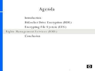 Agenda Introduction BitLocker Drive Encryption (BDE) Encrypting File System (EFS) Rights Management Services (RMS) Conclusion 
