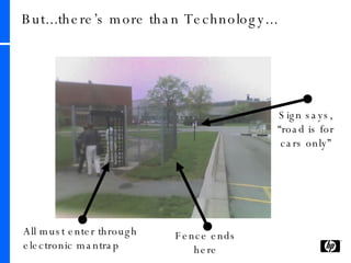 But...there’s more than Technology... All must enter through electronic mantrap Fence ends here Sign says, “road is for cars only” 