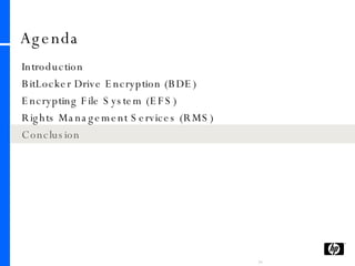Agenda Introduction BitLocker Drive Encryption (BDE) Encrypting File System (EFS) Rights Management Services (RMS) Conclusion 