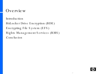 Overview Introduction BitLocker Drive Encryption (BDE) Encrypting File System (EFS) Rights Management Services (RMS) Conclusion 