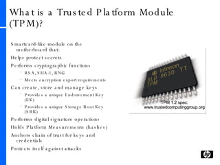 What is a Trusted Platform Module (TPM)? Smartcard-like module on the motherboard that: Helps protect secrets  Performs cryptographic functions RSA, SHA-1, RNG Meets encryption export requirements Can create, store and manage keys Provides a unique Endorsement Key (EK) Provides a unique Storage Root Key (SRK) Performs digital signature operations Holds Platform Measurements (hashes) Anchors chain of trust for keys and credentials Protects itself against attacks TPM 1.2 spec: www.trustedcomputinggroup.org 