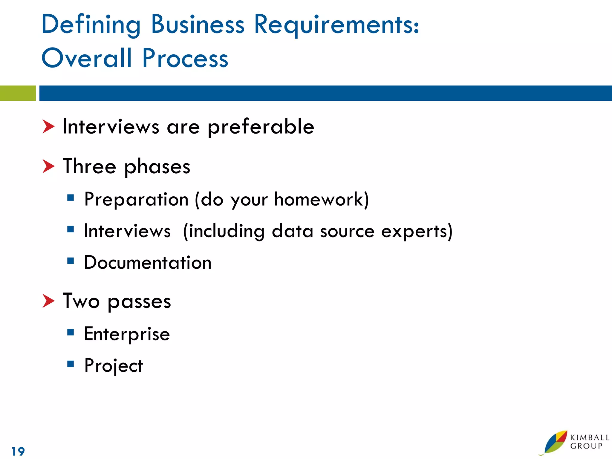 Defining Business Requirements:
     Overall Process

      Interviews   are preferable
      Three   phases
        Preparation (do your homework)
        Interviews (including data source experts)
        Documentation
      Two   passes
        Enterprise
        Project


19
 