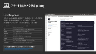 Live Response
`ȥӾAʹäơǥХ˥
Ԕ{IФȤǤǤʤ
orˤꥢ륿ǌФȤǤ
饤֏ʹäƥǥХϤΥƥƥ{ˤ
https://docs.microsoft.com/ja-jp/windows/security/threat-
protection/microsoft-defender-atp/live-response
ޥ h
cd FڤΥǥ쥯ȥޤ
dir ǥ쥯ȥڤΥեȥ֥ǥ쥯ȥһEʾޤ
findfile ǥХϤضǰǥեޤ
processes ǥХǌgФƤ뤹٤ƤΥץʾޤ
registry 쥸ȥꂎʾޤ
analyze ޤޤʥ󥸥ʹäƥƥƥޤ
getfile ǥХեȡäޤ
run ǥХϤΥ饤֥꤫ PowerShell ץȤgФޤ
remediate ʥƥƥˌơޏͥgФޤ
 
