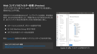 Web ƥĤΥե륿`I (Preview)
ƥĥƥ˻Ť web ȤؤΥ׷E
ҎƤ뤳Ȥܡ
Web ƥĤΥե륿`I
https://docs.microsoft.com/ja-jp/windows/security/threat-protection/microsoft-
defender-atp/web-content-filtering
? `ˤȤ줺ݥꥷ`mä
? ` Machine Group gλָ
? ƥⲿѩ`ȥʩ`ΤΤʹ
Cyren  URL ե륿`ˤ70Υƥ
|ΥȤηΤߤʤ餺ץ饤󥹤Ҏơ
ʹáޤϤΑˤꡢ}kԤδȻ˷
ޤ󥷥ǥȰkr礤IǱСޤˡ
F Cyren  ṩ{ƥꥸ󥹥`ӥÿܡ
 