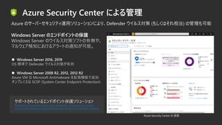 Windows Server のエンドポイントの保護
Windows Server のウイルス対策ソフトの有無や、
マルウェア検知におけるアラートの通知が可能。
Azure Security Center の 画面
サポートされているエンドポイント保護ソリューション
https://docs.microsoft.com/ja-jp/azure/security-center/security-center-
services?tabs=features-windows#supported-endpoint-protection-solutions
◼ Windows Server 2016, 2019
OS 標準で Defender ウイルス対策が有効
◼ Windows Server 2008 R2, 2012, 2012 R2
Azure VM は Microsoft Antimalware を拡張機能で追加
オンプレミスは SCEP (System Center Endpoint Protection)
 
