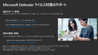 Microsoft Defender ウイルス対策のサポート
29
検体の調査 (無償)
Submit a file for malware analysis – 無償で利用が可能な Web サイト
https://www.microsoft.com/en-us/wdsi/filesubmission
プロフェッショナル サポート – 1 インシデント単位で購入・契約
https://www.microsoft.com/ja-jp/services/professional.aspx
エンタープライズ向け Premier サポート – 製品問わず、すべてのサポートを会社単位で契約ス
https://www.microsoft.com/ja-jp/services/premier.aspx
マルウェアが検知された場合には、以下のサイトに検体を Submit で分析が可能。
製品サポート (有償)
Microsoft Defender ウイルス対策のサポートに関しては、以下のサポートサービスの利用が可能
検知ファイルの真偽判定につきましては、上記プロフェッショナルサポートや Premier サポート契約でも可能
検知ファイルの判定までであれば基本的には契約内で無償で対応が可能
感染経路の特定、影響、対策などにつきましては基本は Premier サポートが必要。
29
 
