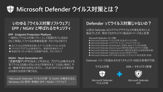 EPP : Endpoint Protection Platform
一般的に「ウイルス対策ソフト」 として認識されているもの
OS に常駐してファイルの挙動を監視・ブロックなどを行う
NGAV : Next Generation AV
「次世代型アンチウイルス」 と呼ばれる、プログラムの動作などを
見てウイルスの疑いがないかなどを検知する 「ふるまい検知」 や
AI ・機械学習の活用などを行い、これまでのウイルス対策の弱
点を新たな技術で補うもの。
以前は Defender はスパイウェアやウイルス対策を目的とした
製品でしたが、現在ではセキュリティ製品のシリーズ名に変更
Microsoft Defender シリーズ例 :
◼ Microsoft Defender ウイルス対策 (従来のウイルス対策)
◼ Microsoft Defender ファイアウォール (パーソナルファイウォール)
◼ Microsoft Defender SmartScreen (危険な Web サイトからの保護)
◼ Microsoft Defender Device Guard (標的型攻撃からのデバイス保護)
◼ Microsoft Defender Credential Guard (標的型攻撃からの資格情報保護)
◼ Microsoft Defender Application Guard (仮想ブラウザ)
◼ Microsoft Defender ATP (EDR をはじめとしたセキュリティ統合監視・管理)
ウイルス対策
Microsoft Defender
ウイルス対策
EDR + セキュリティ管理
Microsoft Defender
ATP
Defender シリーズを組み合わせてセキュリティを統合管理が可能
“Microsoft Defender ウイルス対策” は NGAV の機能も含む、
Windows OS 標準・無償の EPP / NGAV ソフトウェア
◼ 主にウイルスの特徴を記録したデータ (定義ファイル) を活用
◼ ファイルやプログラムの検査を行い、脅威の有無をチェック
◼ 脅威が見つかった場合には隔離や削除、ブロックを行う
5
 