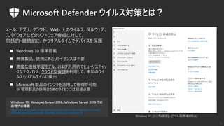 ◼ 高度な機械学習モデル、および汎用的でヒューリスティッ
クなテクノロジ、クラウド型保護を利用して、未知のウイ
ルスもリアルタイムに検出
Windows 10、Windows Server 2016、Windows Server 2019 での
次世代の保護
https://docs.microsoft.com/ja-jp/windows/security/threat-protection/microsoft-
defender-antivirus/microsoft-defender-antivirus-in-windows-10
Windows 10 : [システム設定] – [ウイルスと脅威の防止]
6
 