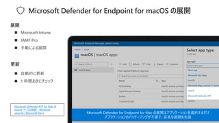 Microsoft Defender for Endpoint for macOS の展開
◼ Microsoft Intune
◼ JAMF Pro
◼ 手動による展開
展開
更新
◼ 自動的に更新
◼ 1 時間おきにチェック
Microsoft Defender ATP for Mac の
Intune ベースの展開 - Windows
security | Microsoft Docs
 