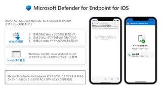 Microsoft Defender for Endpoint for iOS
2020/12/7、Microsoft Defender for Endpoint の iOS 版が
正式にリリースされました！
Web の保護
シームレスな統合
1. 悪意のある Web / リンクの自動ブロック
2. 安全ではないアプリの通信の自動ブロック
3. 登録した Web サイトへのアクセスをブロック
Windows, macOS, Linux, Android といった
全てのプラットフォームのセキュリティを一元管理
Microsoft Defender for Endpoint のクライアント ライセンスを保有する、
ユーザー 1 人あたり 5 台までの PC / スマートフォンで利用可能
 