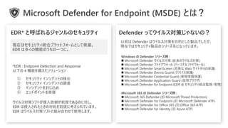 EDR* と呼ばれるジャンルのセキュリティ
*EDR : Endpoint Detection and Response
以下の 4 機能を備えたソリューション
ウイルス対策ソフトが侵入防御が前提であるのに対し、
EDR は侵入されたときの対処を前提に考えられています。
EDR はウイルス対策ソフトと組み合わせて使用します。
現在はセキュリティ統合プラットフォームとして発展。
EDR は多くの機能のうちの一つに。
Defender ってウイルス対策じゃないの？
以前は Defender はウイルス対策を目的とした製品でしたが、
現在ではセキュリティ製品のシリーズ名になっています。
① セキュリティ インシデントの検出
② セキュリティ インシデントの調査
③ インシデントを封じ込め
④ エンドポイントを修復
Windows の Defender シリーズ例 :
◼ Microsoft Defender ウイルス対策 (従来のウイルス対策)
◼ Microsoft Defender ファイアウォール (パーソナルファイウォール)
◼ Microsoft Defender SmartScreen (危険な Web サイトからの保護)
◼ Microsoft Defender Device Guard (デバイス保護)
◼ Microsoft Defender Credential Guard (資格情報保護)
◼ Microsoft Defender Application Guard (仮想ブラウザ)
◼ Microsoft Defender for Endpoint (EDR & セキュリティ統合監視・管理)
Microsoft 365 の Defender シリーズ例 :
◼ Microsoft 365 Defender (旧 Microsoft Threat Protection)
◼ Microsoft Defender for Endpoint (旧 Microsoft Defender ATP)
◼ Microsoft Defender for Office 365 (旧 Office 365 ATP)
◼ Microsoft Defender for Identity (旧 Azure ATP)
Microsoft Defender for Endpoint (MSDE) とは？
 