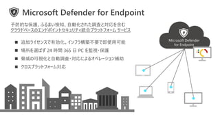 ◼ 追加ライセンスで有効化。インフラ構築不要で即使用可能
◼ 場所を選ばず 24 時間 365 日 PC を監視・保護
◼ 脅威の可視化と自動調査・対応によるオペレーション補助
◼ クロスプラットフォーム対応
Microsoft Defender for Endpoint
予防的な保護、ふるまい検知、自動化された調査と対応を含む
クラウドベースのエンドポイントセキュリティ統合プラットフォーム サービス
Microsoft Defender
for Endpoint
 