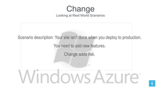 Change
Looking at Real World Scenarios
Scenario description: Your site isn’t done when you deploy to production.
You need to add new features.
Change adds risk.
.
 