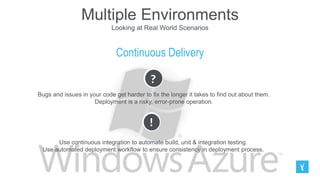 Multiple Environments
Looking at Real World Scenarios
Continuous Delivery
?
Bugs and issues in your code get harder to fix the longer it takes to find out about them.
Deployment is a risky, error-prone operation.
!
Use continuous integration to automate build, unit & integration testing.
Use automated deployment workflow to ensure consistency in deployment process.
 