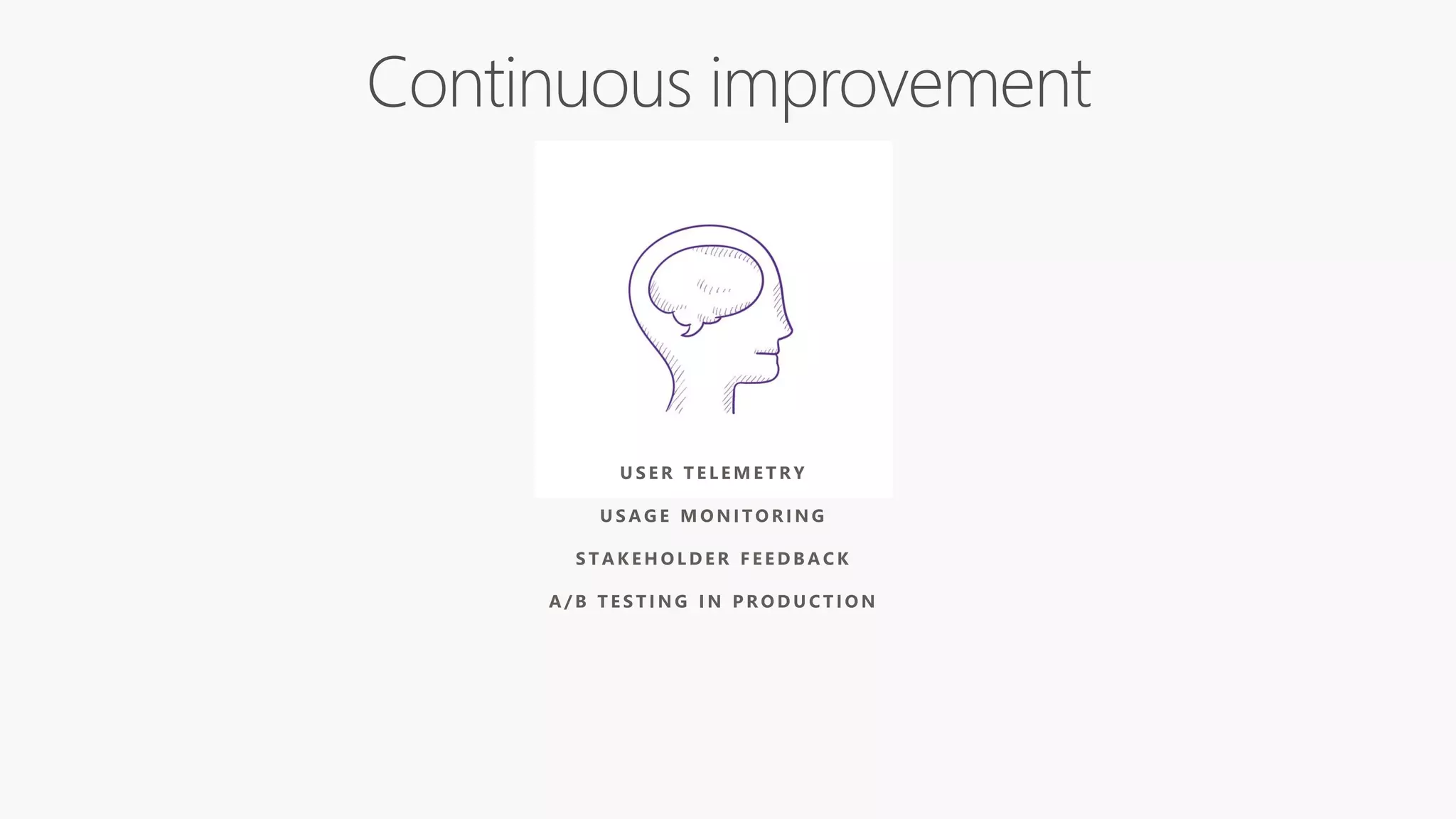 U S E R T E L E M E T R Y
U S A G E M O N I T O R I N G
S T A K E H O L D E R F E E D B A C K
A / B T E S T I N G I N P R O D U C T I O N
 