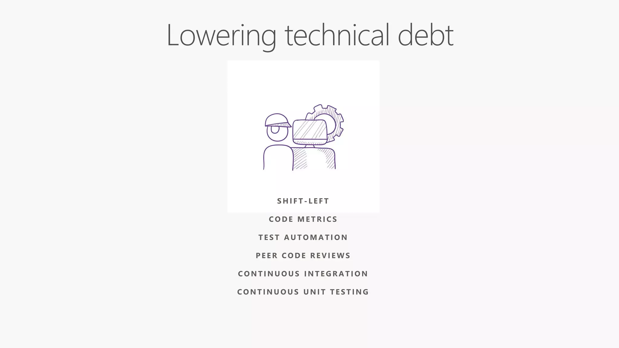 S H I F T - L E F T
C O D E M E T R I C S
T E S T A U T O M A T I O N
P E E R C O D E R E V I E W S
C O N T I N U O U S I N T E G R A T I O N
C O N T I N U O U S U N I T T E S T I N G
 