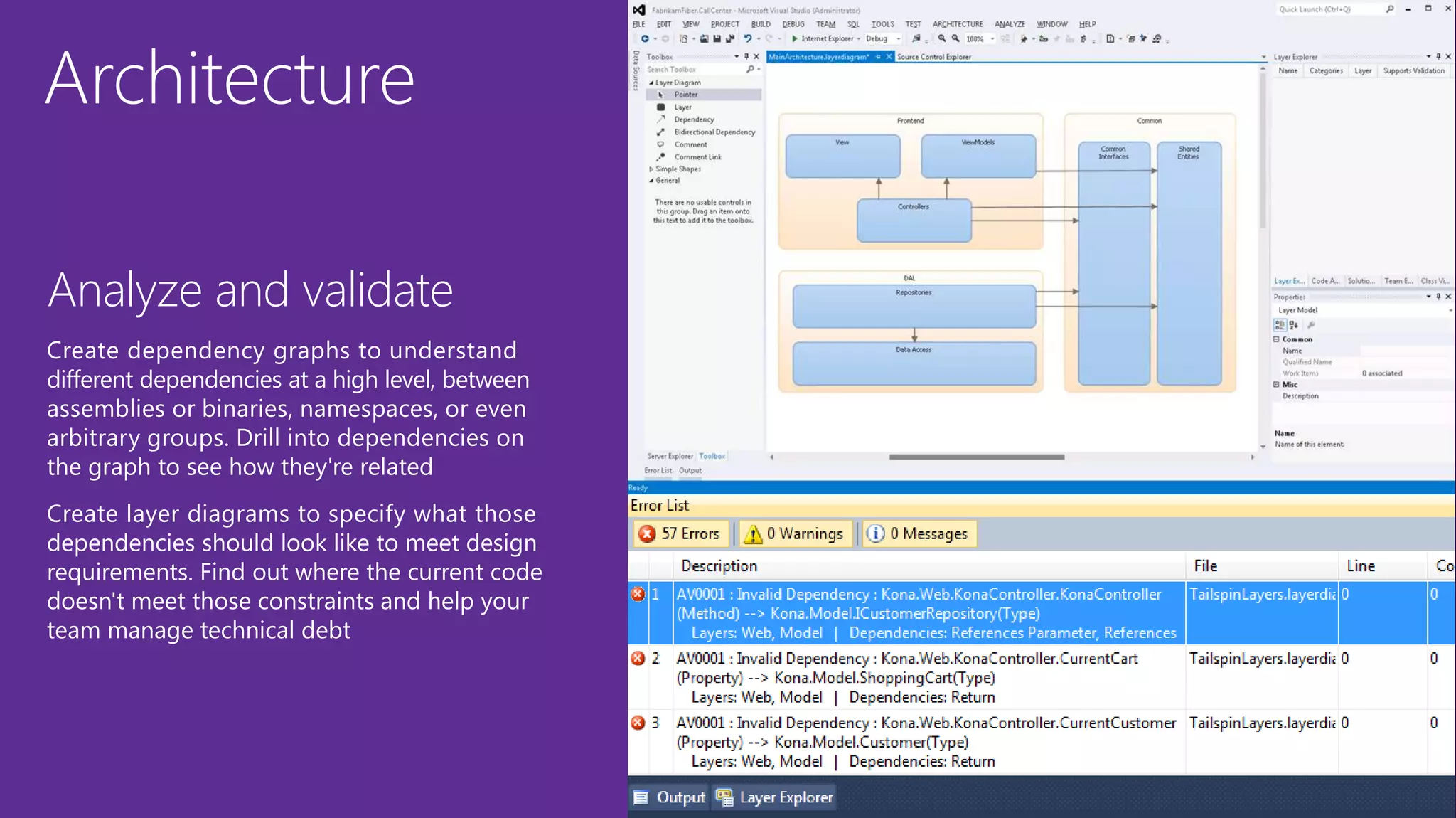 Architecture
Analyze and validate
Create dependency graphs to understand
different dependencies at a high level, between
assemblies or binaries, namespaces, or even
arbitrary groups. Drill into dependencies on
the graph to see how they're related
Create layer diagrams to specify what those
dependencies should look like to meet design
requirements. Find out where the current code
doesn't meet those constraints and help your
team manage technical debt
 