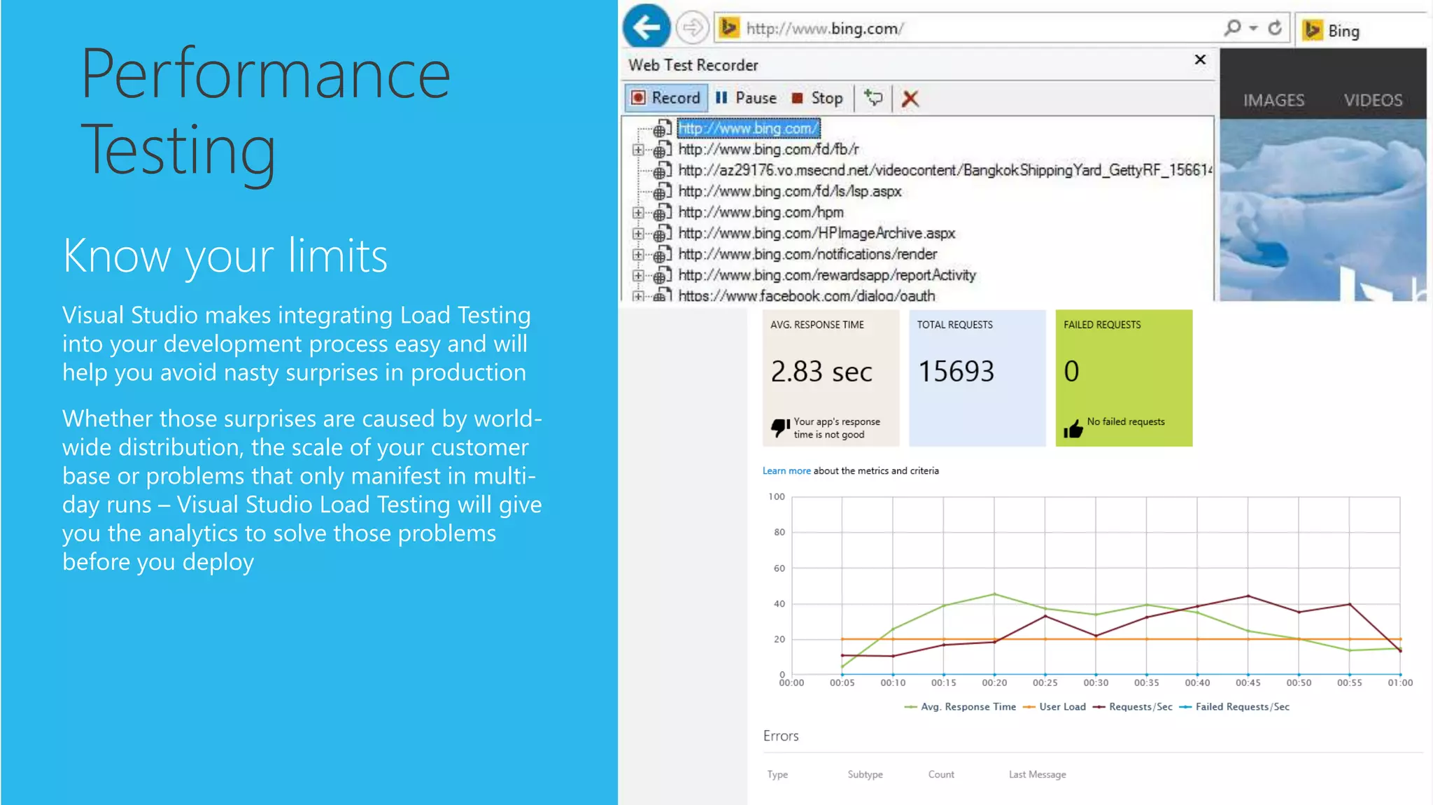 Performance
Testing
Know your limits
Visual Studio makes integrating Load Testing
into your development process easy and will
help you avoid nasty surprises in production
Whether those surprises are caused by world-
wide distribution, the scale of your customer
base or problems that only manifest in multi-
day runs – Visual Studio Load Testing will give
you the analytics to solve those problems
before you deploy
 