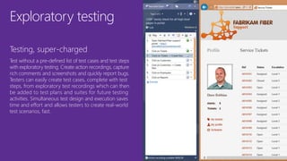 Exploratory testing
Testing, super-charged
Test without a pre-defined list of test cases and test steps
with exploratory testing. Create action recordings, capture
rich comments and screenshots and quickly report bugs.
Testers can easily create test cases, complete with test
steps, from exploratory test recordings which can then
be added to test plans and suites for future testing
activities. Simultaneous test design and execution saves
time and effort and allows testers to create real-world
test scenarios, fast.
 