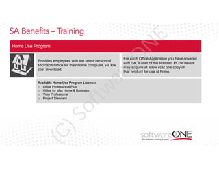 eO

N

E

SA Benefits – Training

(C

)S

of

tw

Available Home Use Program Licenses
o Office Professional Plus
o Office for Mac Home & Business
o Visio Professional
o Project Standard

For each Office Application you have covered
with SA, a user of the licensed PC or device
may acquire at a low cost one copy of
that product for use at home.

ar

Provides employees with the latest version of
Microsoft Office for their home computer, via low
cost download.

 