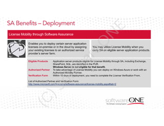 eO

N

E

SA Benefits – Deployment

Verification Form

tw

Authorized Partner

Application server products eligible for License Mobility through SA, including Exchange,
SharePoint, SQL, are identified in the PUR.
Windows Server is not eligible for that benefit.
To take advantage of License Mobility you can deploy on Windows Azure or work with an
Authorized Mobility Partner.
Within 10 days of deployment, you need to complete the License Verification From.

of

Eligible Products

You may utilize License Mobility when you
carry SA on eligible server application products.

ar

Enables you to deploy certain server application
licenses on-premise or in the cloud by assigning
your existing licenses to an authorized service
provider’s server farm.

(C

)S

List of Authorized Partner and Verification Form:
http://www.microsoft.com/licensing/software-assurance/license-mobility.aspx#tab=2

 