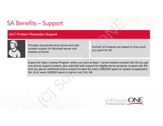 Number of incidents are based on how much
you spent for SA.

ar

Provides around-the-clock phone and web
incident support for Microsoft server and
desktop products

eO

N

E

SA Benefits – Support

(C

)S

of

tw

Expect for Open License Program, when you have at least 1 server license covered with SA you get
one phone support incident, plus unlimited web support for eligible server products covered with SA.
And you get an additional phone support incident for every US$200K spent on system & application
SA, & for every US$20K spent on server and CAL SA.

 