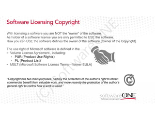 of

E

tw

ar

eO

N

Software Licensing Copyright

(C

)S

“Copyright has two main purposes, namely the protection of the author’s right to obtain
commercial benefit from valuable work, and more recently the protection of the author’s
general right to control how a work is used.”

 