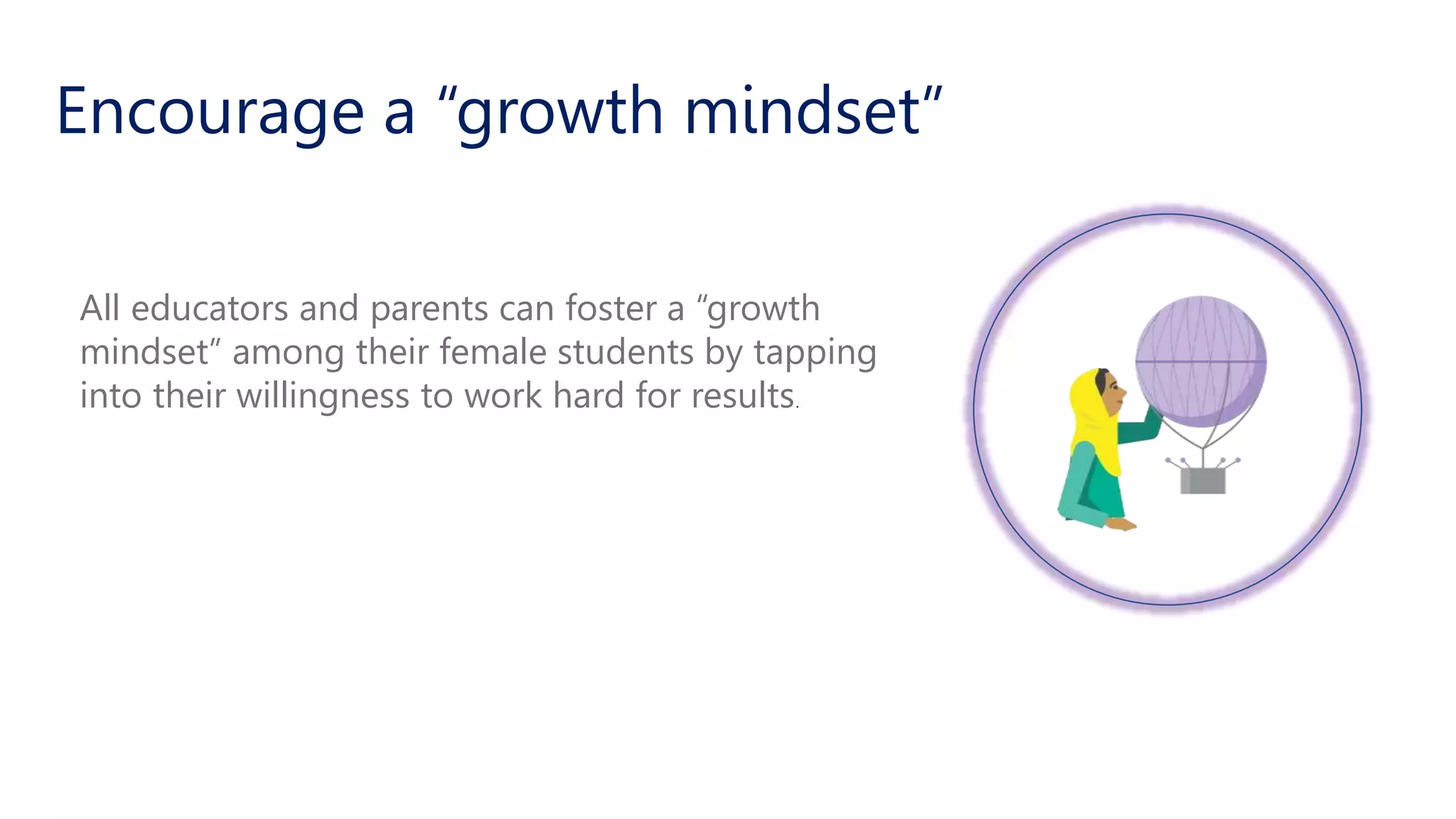 All educators and parents can foster a “growth
mindset” among their female students by tapping
into their willingness to work hard for results.
Encourage a “growth mindset”
 