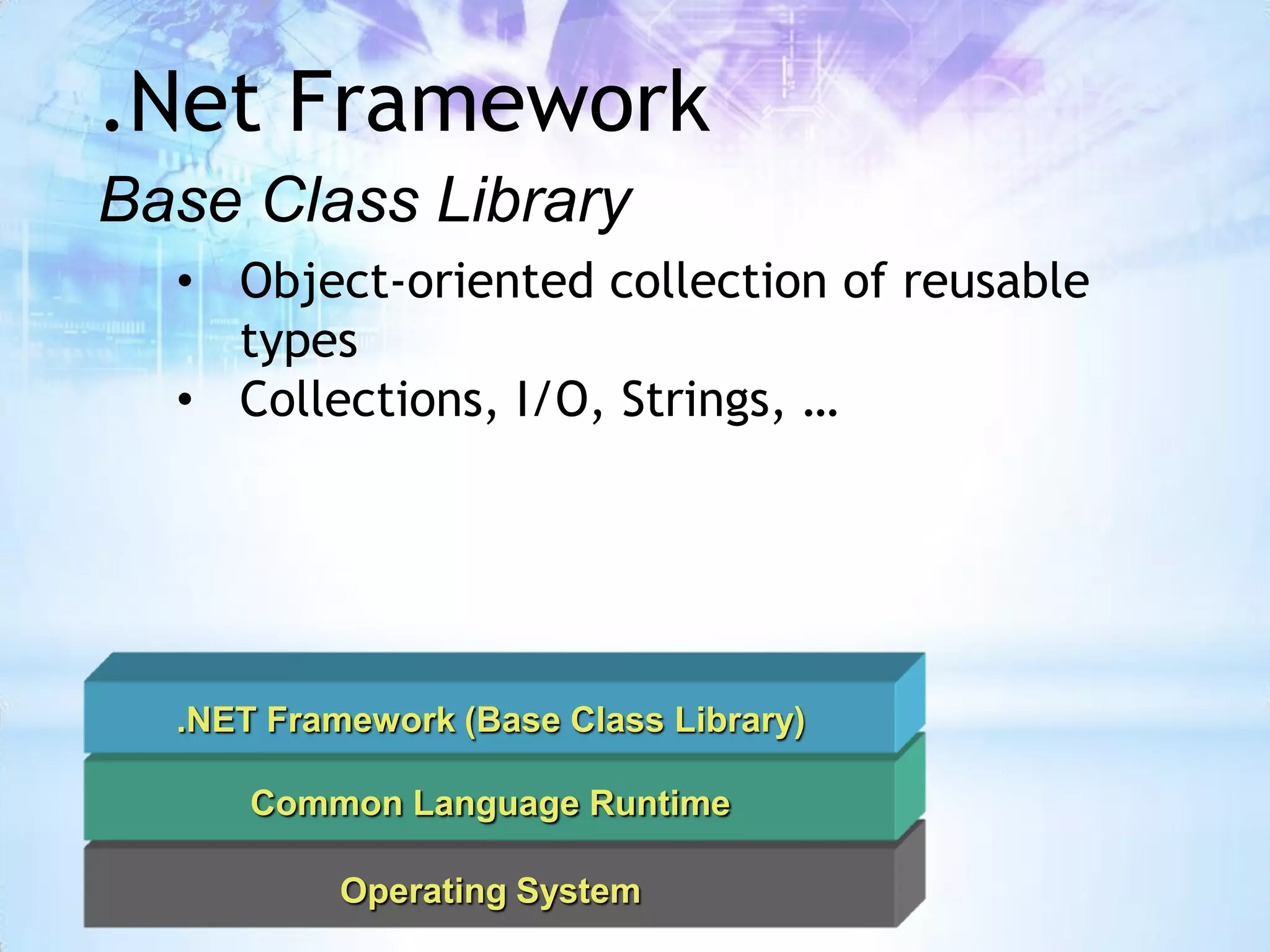 .Net Framework
Base Class Library
  • Object-oriented collection of reusable
    types
  • Collections, I/O, Strings, …




  .NET Framework (Base Class Library)

      Common Language Runtime

           Operating System
 