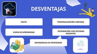 DESVENTAJAS
PERSONALIZACIÓN LIMITADA
COSTO
CURVA DE APRENDIZAJE
INTEGRACIÓN CON SISTEMAS
EXIGENTES
DEPENDENCIA DE PROVEEDOR
 