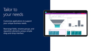 Customize applications to support
your unique business needs.
Rearrange fields, rename groups, and
reposition elements using a simple
drag-and-drop interface.
Tailor to
your needs
 