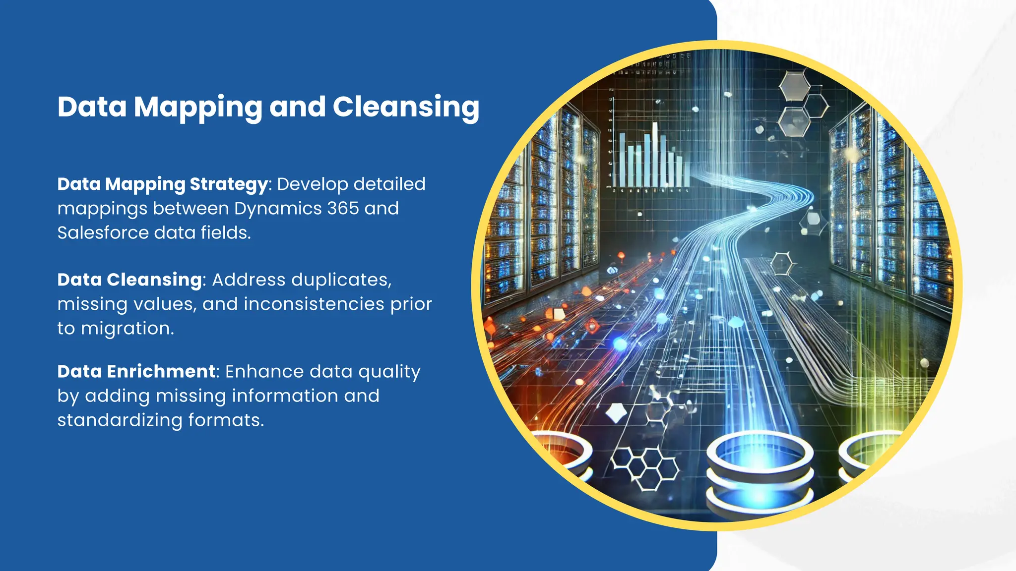 Data Mapping and Cleansing
Data Mapping Strategy: Develop detailed
mappings between Dynamics 365 and
Salesforce data fields.
Data Cleansing: Address duplicates,
missing values, and inconsistencies prior
to migration.
Data Enrichment: Enhance data quality
by adding missing information and
standardizing formats.
 