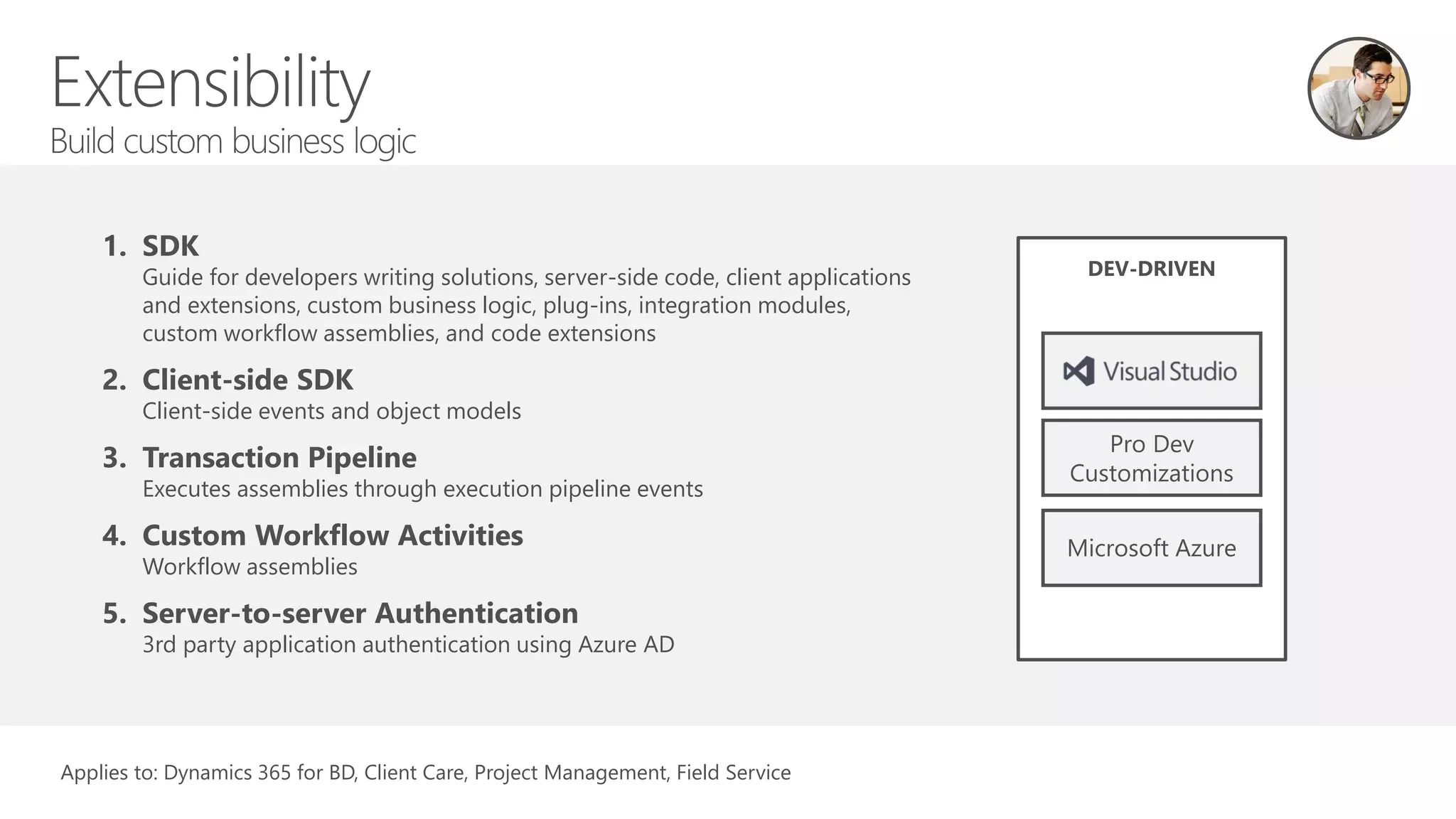 1. SDK
Guide for developers writing solutions, server-side code, client applications
and extensions, custom business logic, plug-ins, integration modules,
custom workflow assemblies, and code extensions
2. Client-side SDK
Client-side events and object models
3. Transaction Pipeline
Executes assemblies through execution pipeline events
4. Custom Workflow Activities
Workflow assemblies
5. Server-to-server Authentication
3rd party application authentication using Azure AD
DEV-DRIVEN
Microsoft Azure
Pro Dev
Customizations
Applies to: Dynamics 365 for BD, Client Care, Project Management, Field Service
 