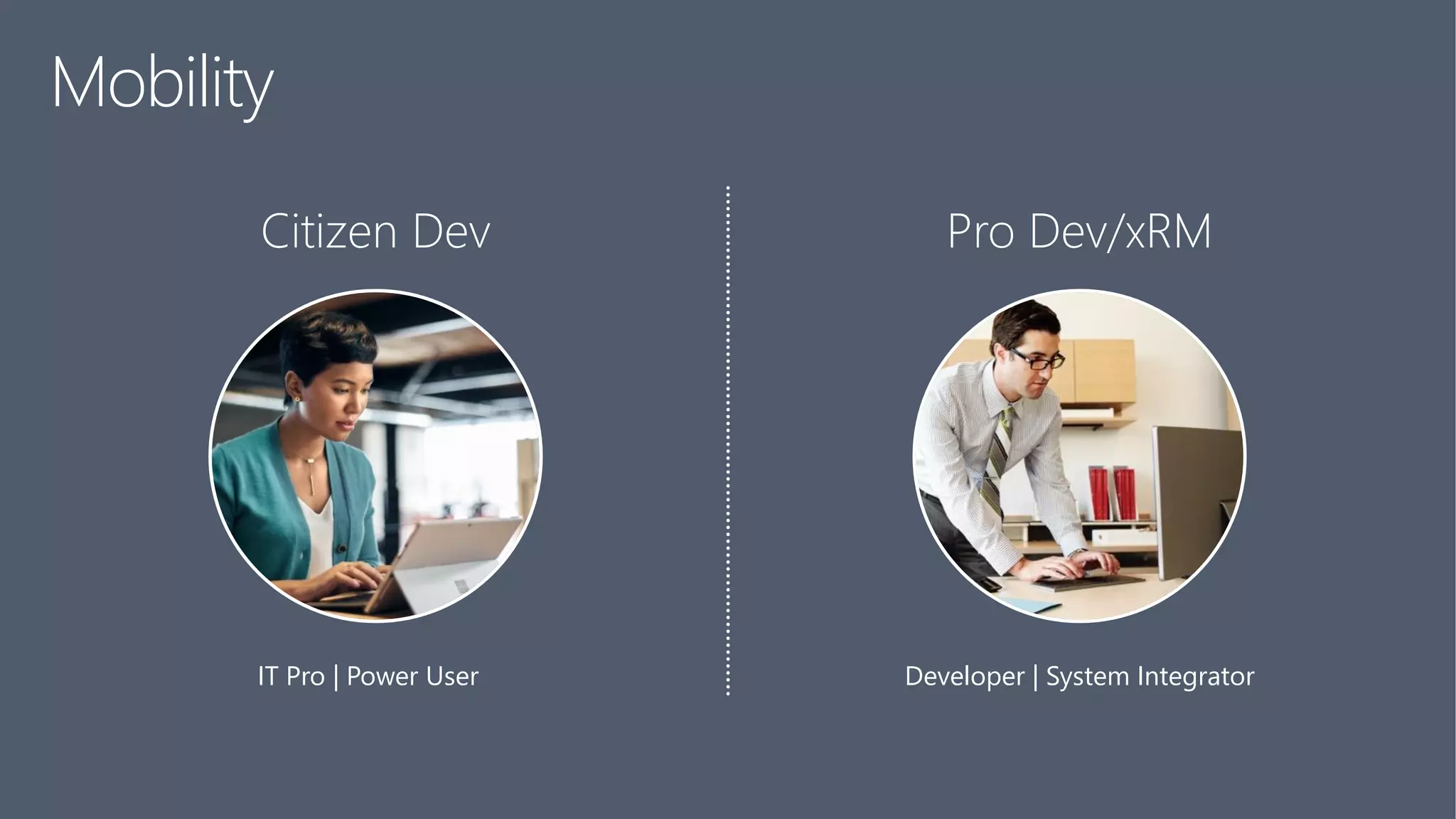 Mobility
Citizen Dev Pro Dev/xRM
IT Pro | Power User Developer | System Integrator
 