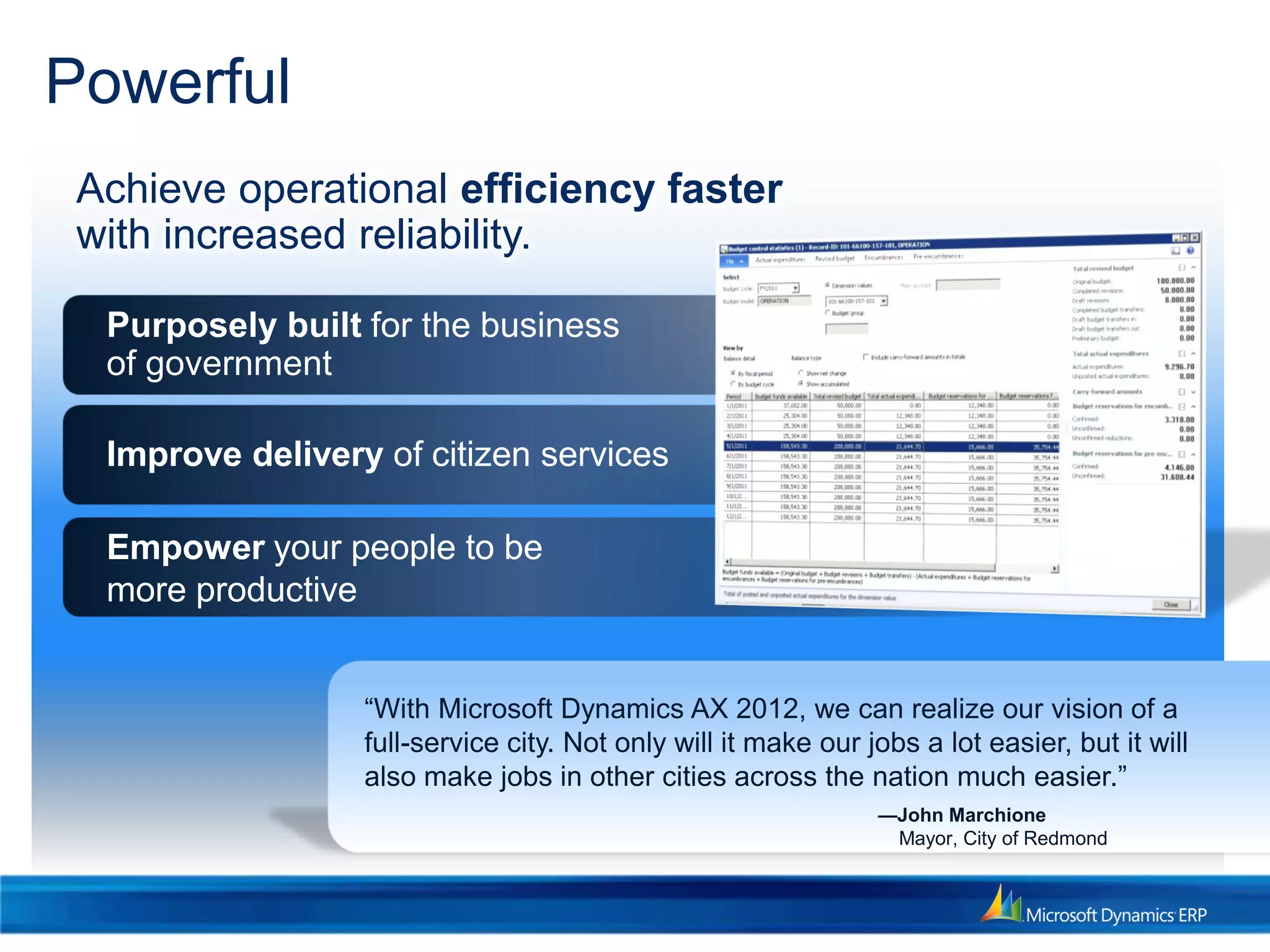 Powerful
Achieve operational efficiency faster
with increased reliability.
“With Microsoft Dynamics AX 2012, we can realize our vision of a
full-service city. Not only will it make our jobs a lot easier, but it will
also make jobs in other cities across the nation much easier.”
—John Marchione
Mayor, City of Redmond
Empower your people to be
more productive
Improve delivery of citizen services
Purposely built for the business
of government
 