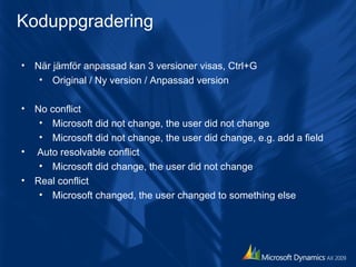 När jämför anpassad kan 3 versioner visas, Ctrl+G Original / Ny version / Anpassad version No conflict  Microsoft did not change, the user did not change Microsoft did not change, the user did change, e.g. add a field   Auto resolvable conflict Microsoft did change, the user did not change Real conflict Microsoft changed, the user changed to something else Koduppgradering 