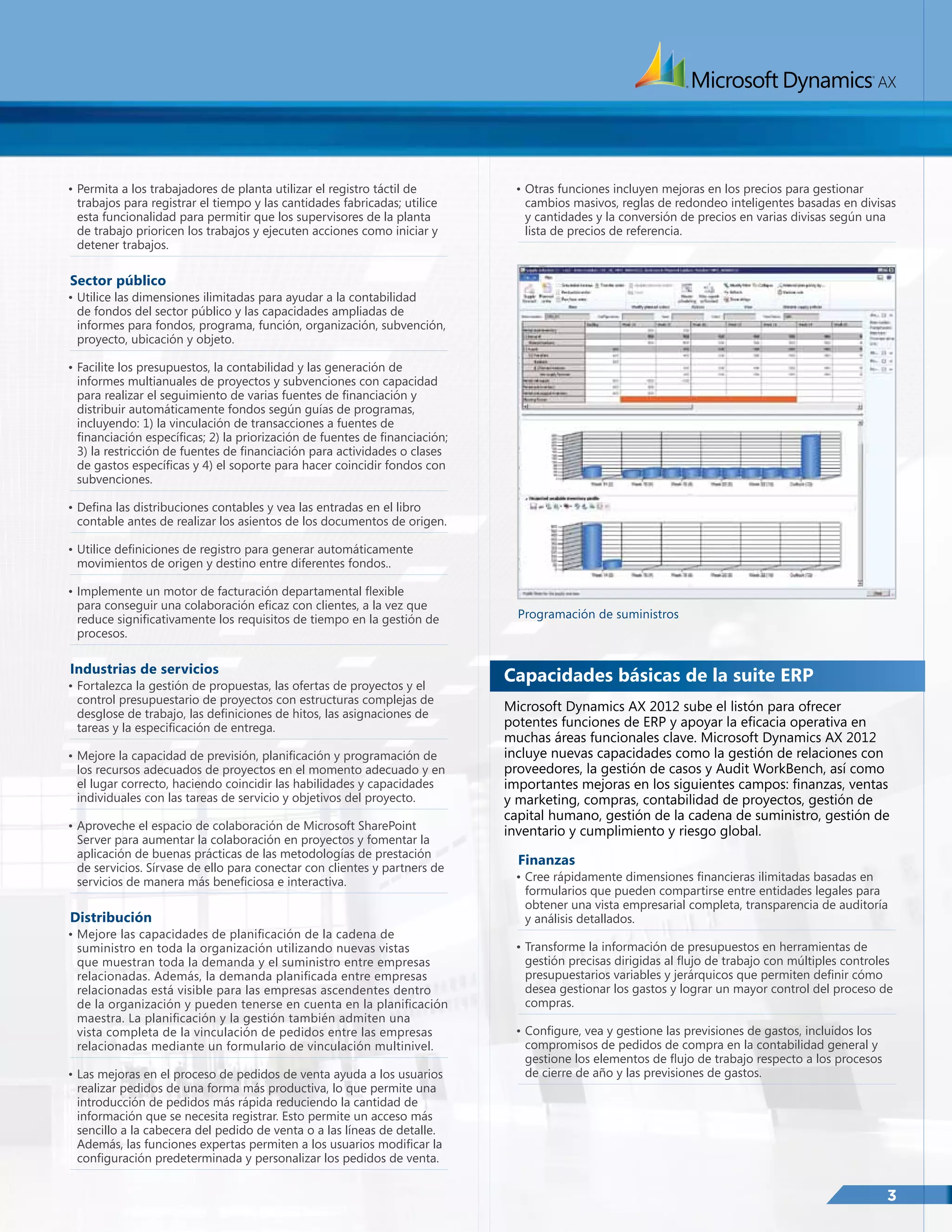 •	Permita a los trabajadores de planta utilizar el registro táctil de
trabajos para registrar el tiempo y las cantidades fabricadas; utilice
esta funcionalidad para permitir que los supervisores de la planta
de trabajo prioricen los trabajos y ejecuten acciones como iniciar y
detener trabajos.

•	Otras funciones incluyen mejoras en los precios para gestionar
cambios masivos, reglas de redondeo inteligentes basadas en divisas
y cantidades y la conversión de precios en varias divisas según una
lista de precios de referencia.

Sector público

•	Utilice las dimensiones ilimitadas para ayudar a la contabilidad
de fondos del sector público y las capacidades ampliadas de
informes para fondos, programa, función, organización, subvención,
proyecto, ubicación y objeto.
•	Facilite los presupuestos, la contabilidad y las generación de
informes multianuales de proyectos y subvenciones con capacidad
para realizar el seguimiento de varias fuentes de financiación y
distribuir automáticamente fondos según guías de programas,
incluyendo: 1) la vinculación de transacciones a fuentes de
financiación específicas; 2) la priorización de fuentes de financiación;
3) la restricción de fuentes de financiación para actividades o clases
de gastos específicas y 4) el soporte para hacer coincidir fondos con
subvenciones.
•	Defina las distribuciones contables y vea las entradas en el libro
contable antes de realizar los asientos de los documentos de origen.
•	Utilice definiciones de registro para generar automáticamente
movimientos de origen y destino entre diferentes fondos..
•	Implemente un motor de facturación departamental flexible
para conseguir una colaboración eficaz con clientes, a la vez que
reduce significativamente los requisitos de tiempo en la gestión de
procesos.

Industrias de servicios

•	Fortalezca la gestión de propuestas, las ofertas de proyectos y el
control presupuestario de proyectos con estructuras complejas de
desglose de trabajo, las definiciones de hitos, las asignaciones de
tareas y la especificación de entrega.
•	Mejore la capacidad de previsión, planificación y programación de
los recursos adecuados de proyectos en el momento adecuado y en
el lugar correcto, haciendo coincidir las habilidades y capacidades
individuales con las tareas de servicio y objetivos del proyecto.
•	Aproveche el espacio de colaboración de Microsoft SharePoint
Server para aumentar la colaboración en proyectos y fomentar la
aplicación de buenas prácticas de las metodologías de prestación
de servicios. Sírvase de ello para conectar con clientes y partners de
servicios de manera más beneficiosa e interactiva.

Distribución

•	Mejore las capacidades de planificación de la cadena de
suministro en toda la organización utilizando nuevas vistas
que muestran toda la demanda y el suministro entre empresas
relacionadas. Además, la demanda planificada entre empresas
relacionadas está visible para las empresas ascendentes dentro
de la organización y pueden tenerse en cuenta en la planificación
maestra. La planificación y la gestión también admiten una
vista completa de la vinculación de pedidos entre las empresas
relacionadas mediante un formulario de vinculación multinivel.
•	Las mejoras en el proceso de pedidos de venta ayuda a los usuarios
realizar pedidos de una forma más productiva, lo que permite una
introducción de pedidos más rápida reduciendo la cantidad de
información que se necesita registrar. Esto permite un acceso más
sencillo a la cabecera del pedido de venta o a las líneas de detalle.
Además, las funciones expertas permiten a los usuarios modificar la
configuración predeterminada y personalizar los pedidos de venta.

Programación de suministros

Capacidades básicas de la suite ERP
Microsoft Dynamics AX 2012 sube el listón para ofrecer
potentes funciones de ERP y apoyar la eficacia operativa en
muchas áreas funcionales clave. Microsoft Dynamics AX 2012
incluye nuevas capacidades como la gestión de relaciones con
proveedores, la gestión de casos y Audit WorkBench, así como
importantes mejoras en los siguientes campos: finanzas, ventas
y marketing, compras, contabilidad de proyectos, gestión de
capital humano, gestión de la cadena de suministro, gestión de
inventario y cumplimiento y riesgo global.
Finanzas

•	Cree rápidamente dimensiones financieras ilimitadas basadas en
formularios que pueden compartirse entre entidades legales para
obtener una vista empresarial completa, transparencia de auditoría
y análisis detallados.
•	Transforme la información de presupuestos en herramientas de
gestión precisas dirigidas al flujo de trabajo con múltiples controles
presupuestarios variables y jerárquicos que permiten definir cómo
desea gestionar los gastos y lograr un mayor control del proceso de
compras.
•	Configure, vea y gestione las previsiones de gastos, incluidos los
compromisos de pedidos de compra en la contabilidad general y
gestione los elementos de flujo de trabajo respecto a los procesos
de cierre de año y las previsiones de gastos.

3

 