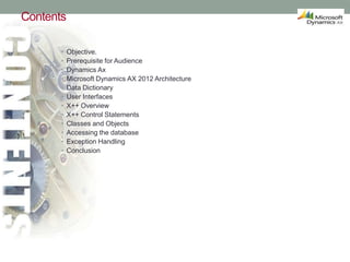 Contents
•
•
•
•
•
•
•
•
•
•
•
•

Objective.
Prerequisite for Audience
Dynamics Ax
Microsoft Dynamics AX 2012 Architecture...