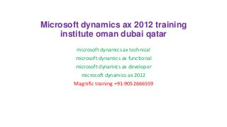Microsoft dynamics ax 2012 training
institute oman dubai qatar
microsoft dynamics ax technical
microsoft dynamics ax functional
microsoft dynamics ax developer
microsoft dynamics ax 2012
Magnific training +91-9052666559

 
