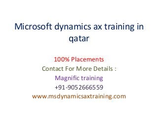 Microsoft dynamics ax training in
qatar
100% Placements
Contact For More Details :
Magnific training
+91-9052666559
www.msdynamicsaxtraining.com
 